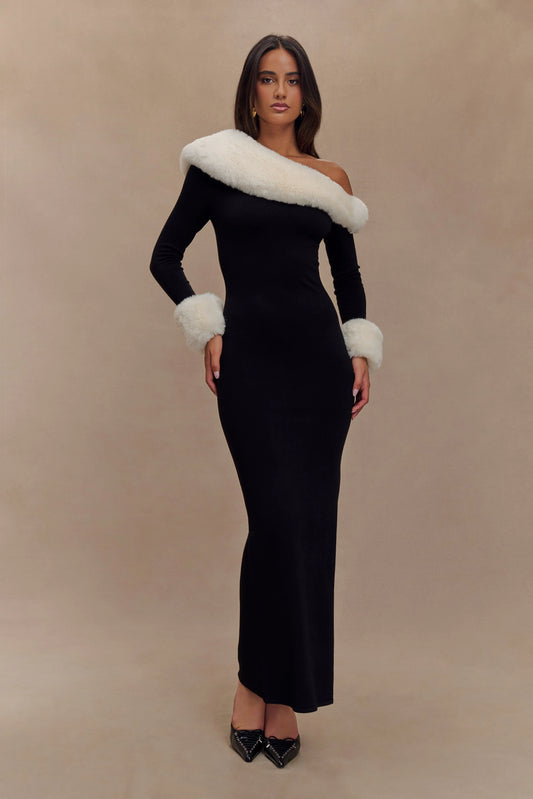 Faux Fur Knit Maxi Dress - Black/White