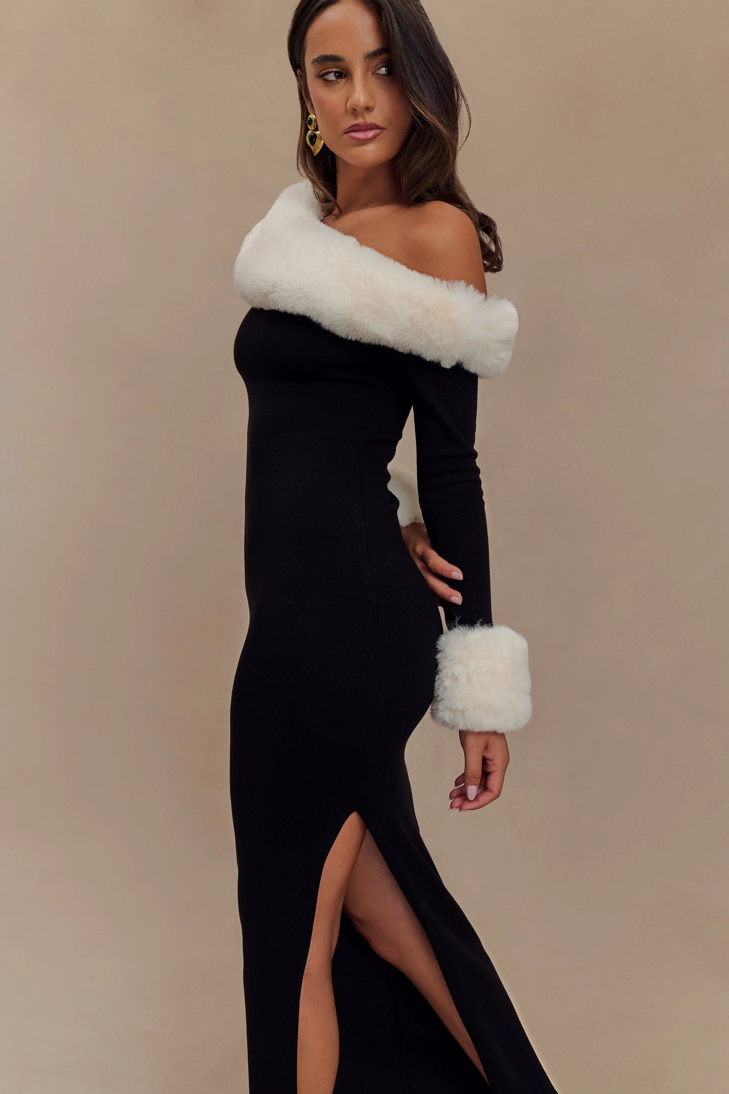 Faux Fur Knit Maxi Dress - Black/White