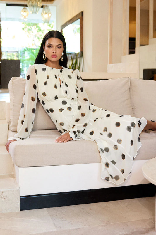 Lipsy Black/White Long Sleeve Gathered Waist Polka Dot Midi Dress