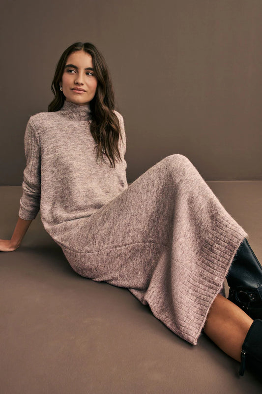 Neutral High Neck Long Sleeve Maxi Knitted Jumper Dress