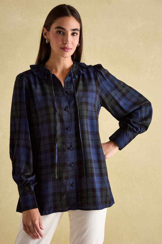 Joules Harper Black Check Pussybow Tie Blouse