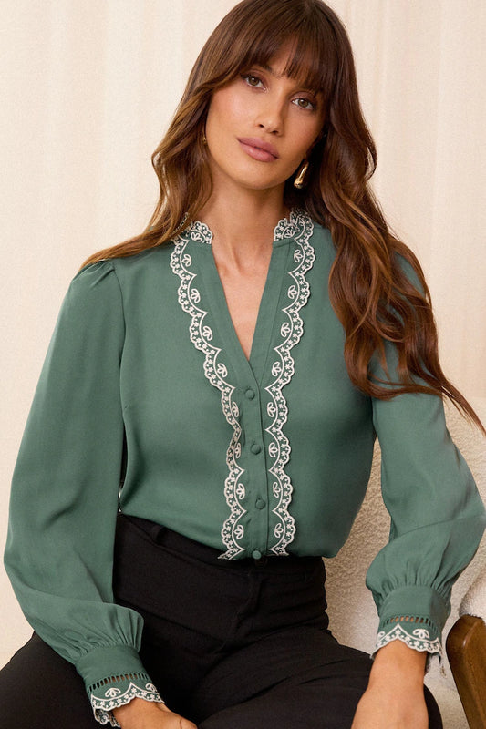 Love & Roses Green Satin Broderie Ruffle Long Sleeve Blouse