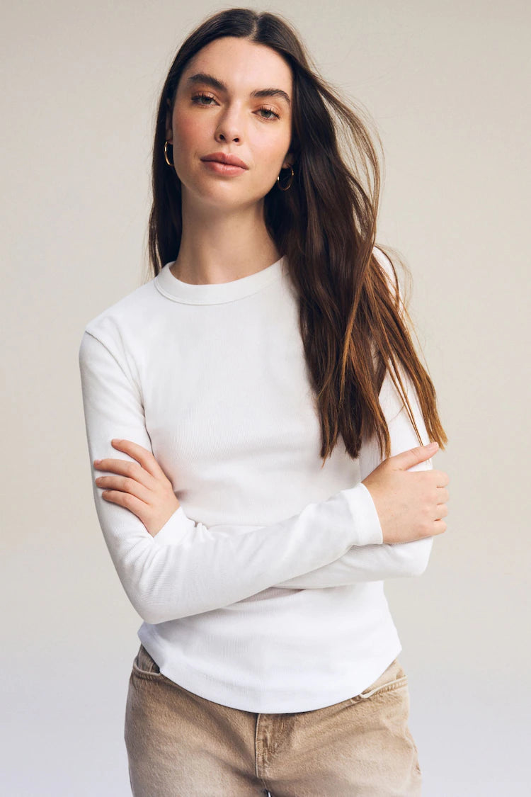 White Long Sleeve Ribbed Crew Neck Top