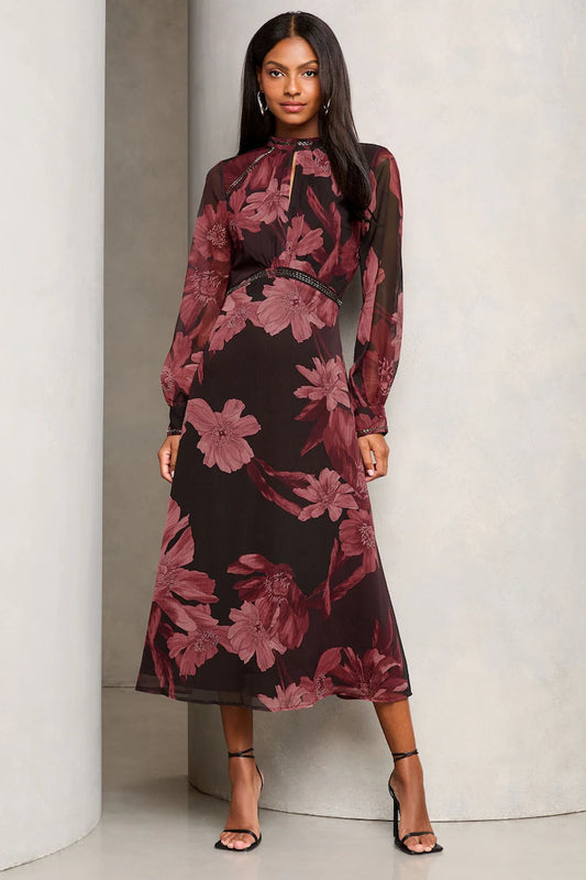 Lipsy Red Printed Woven Long Sleeve Underbust Midi Dress