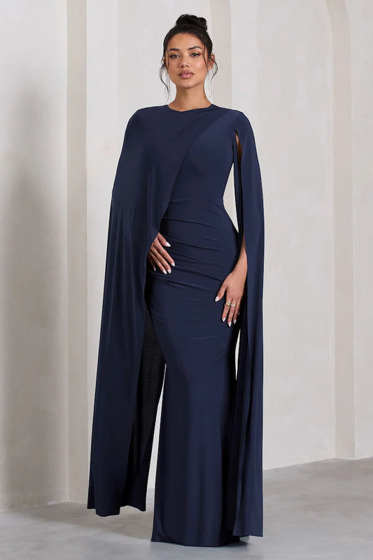 Club L London Navy Blue Magdelena Asymmetric Cape Maxi Dress