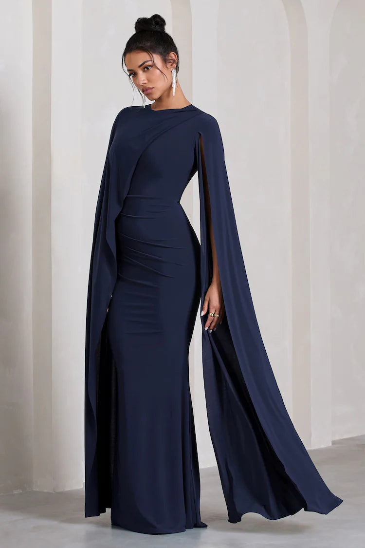 Club L London Navy Blue Magdelena Asymmetric Cape Maxi Dress