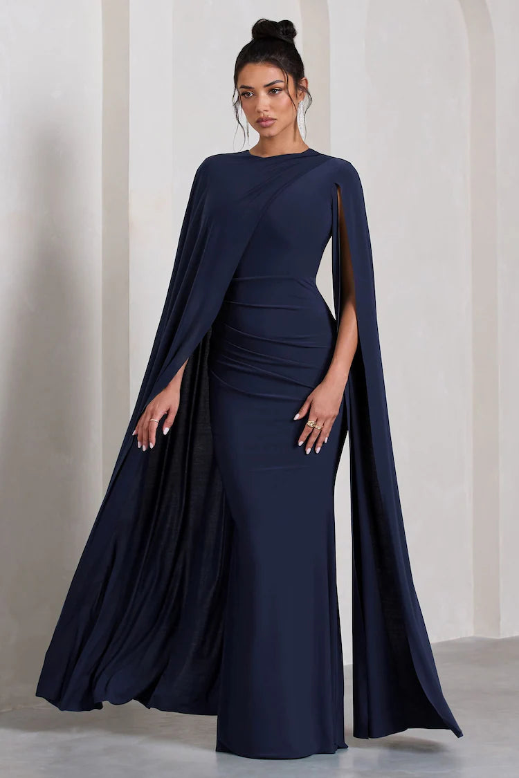 Club L London Navy Blue Magdelena Asymmetric Cape Maxi Dress