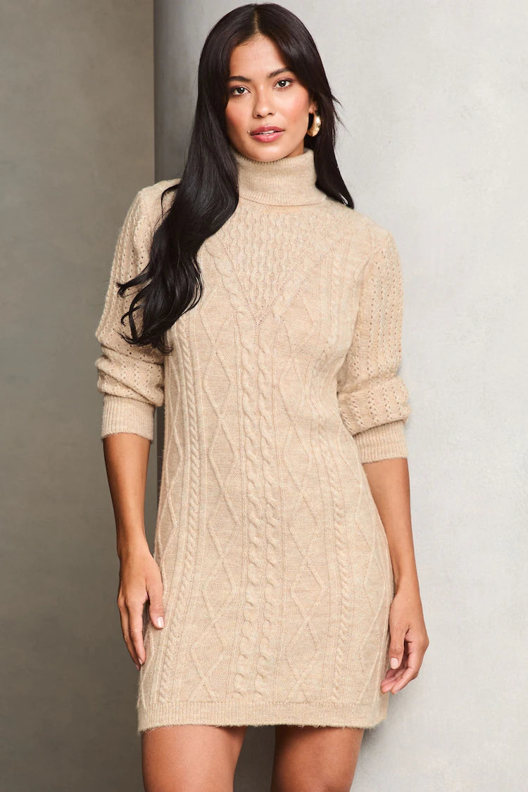 Lipsy Camel Cable Cowl Knitted Jumper Dress