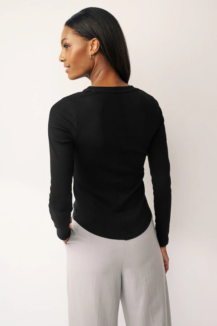 Black Ribbed Button Detail Long Sleeve Henley Top