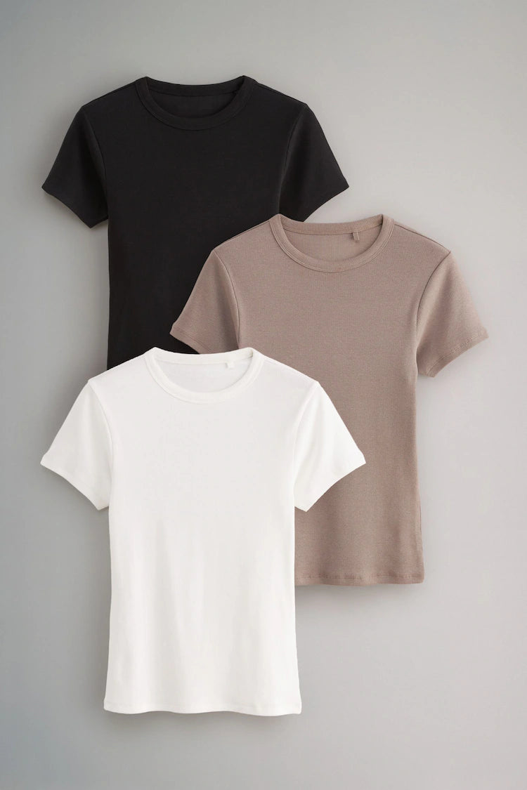 The Set Black/Taupe Brown/White 3 Pack Ribbed Short Sleeve T-Shirts