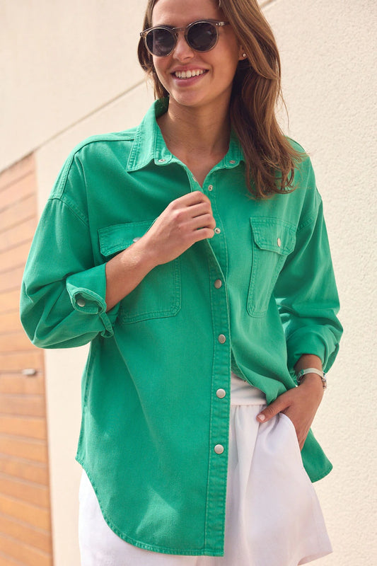 Green Print Oversized Denim 100% Cotton Shirt